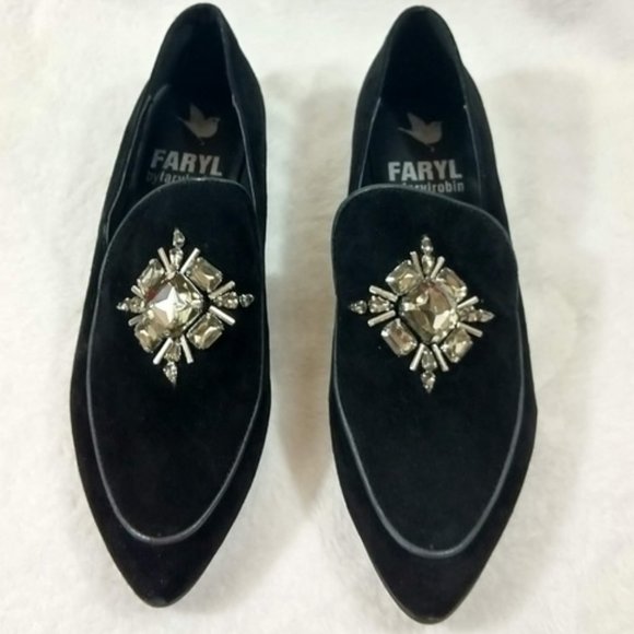 Faryl Robin Women's Easton Rhinestone Embellished Black Suede Loafers - Picture 2 of 2